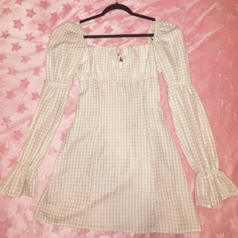 Cream Gingham Long Sleeve Dress